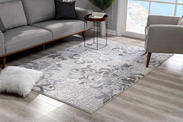 7 x 10 Blue and Gray Floral Filigree Area Rug