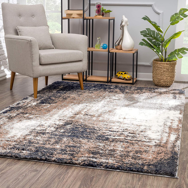 7 x 9 Ivory and Navy Retro Modern Area Rug