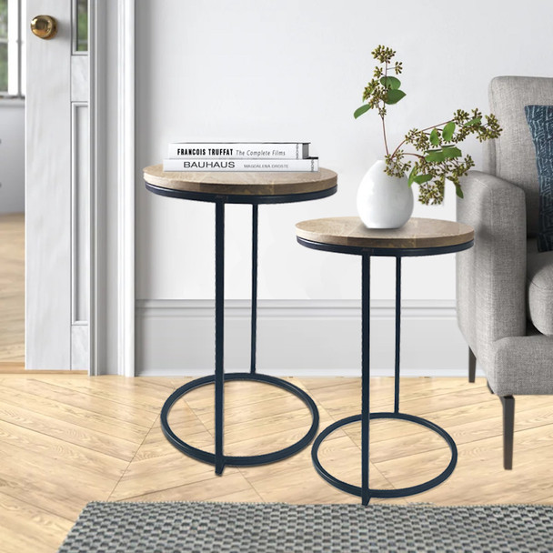Set of Two Natural Wood and Black Geo Circle Nesting End Tables