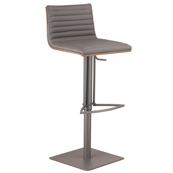 Grey Faux Leather Armless Swivel Bar Stool with Grey Metal Base