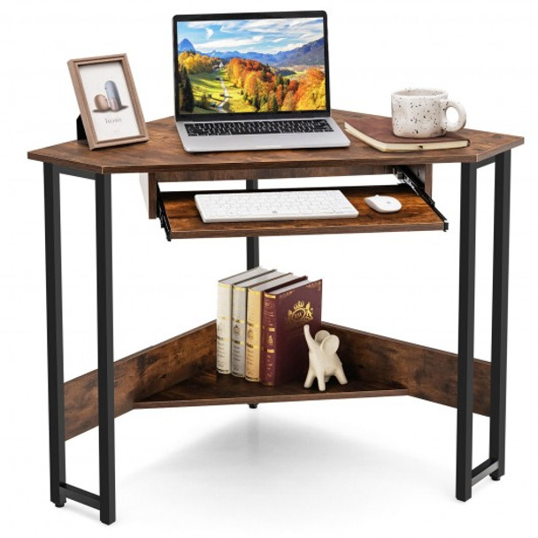 Triangle Corner Computer Desk with Keyboard Tray-Rustic Brown