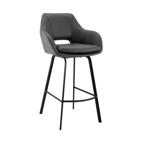30" Gray on Black Faux Leather Comfy Swivel Bar Stool