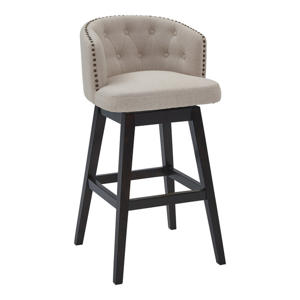 30" Tan Tufted Fabric and Dark Espresso Wood Swivel Bar Stool