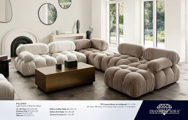 Paloma Modular Corner, Mink Tan or Cream Velvet, 37 in. W x 37 in. D x 29 in. H