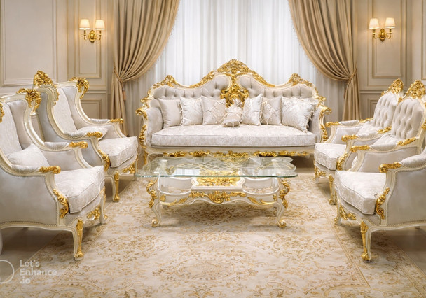 Luxury Royal Classic Sofa Set – White & Gold Elegant Living Room Collection