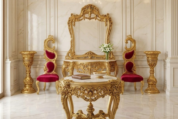 Traditional Antique Console Table, Mirror & Chair