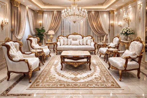 Luxury White & Gold Classic Royal Living Room Furniture Set
