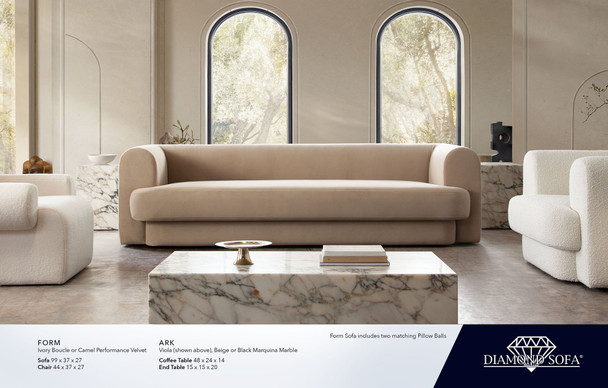 Form Sofa in Camel Performance Velvet or Ivory Boucle, 99 x 37 x 27 Inches