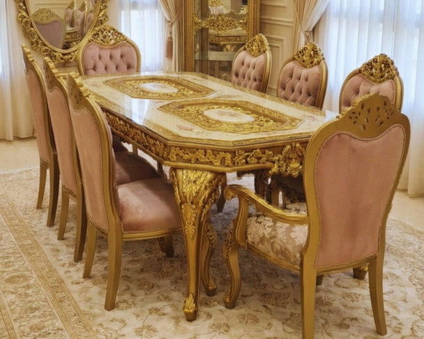 Victorian Rose & Antique Gold Dining Set  8-Piece Hand-Carved Baroque Masterpiece