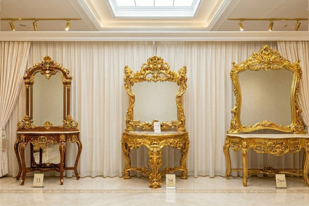 Antique Baroque Vanity Mirror Console Set