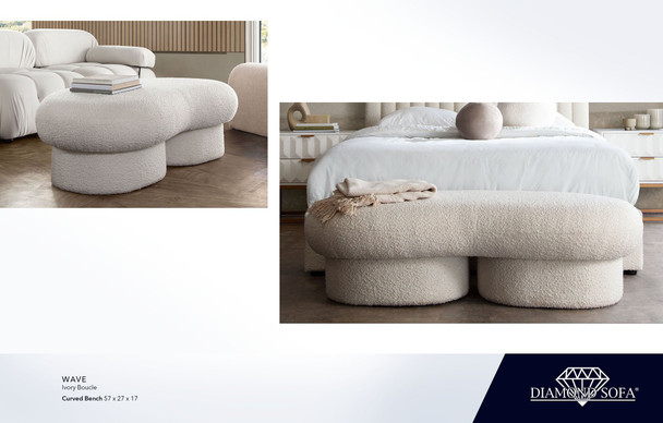 Wave Bench in Ivory Boucle, 57 in. W x 27 in. D x 17 in. H, Fully Assembled