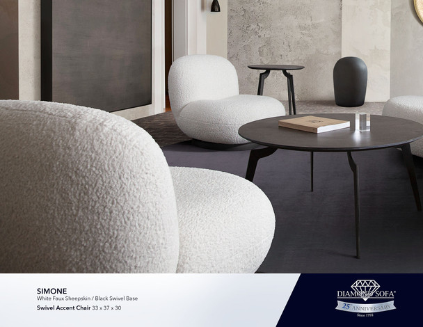 Simone Swivel Chair in White Faux Sheepskin, 33 in. W x 37 in. D x 29 in. H