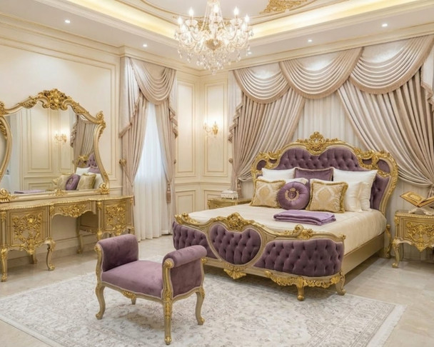Imperial Gold & Mauve Velvet Bedroom Set  24K Gold Leaf Finish Hand-Carved Royal Master Suite