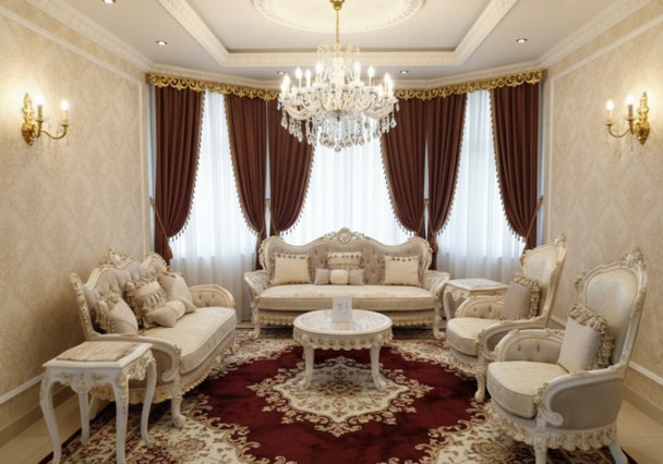 Grand Ivory & Gold Curved Sofa Set with Marble Top Center Table