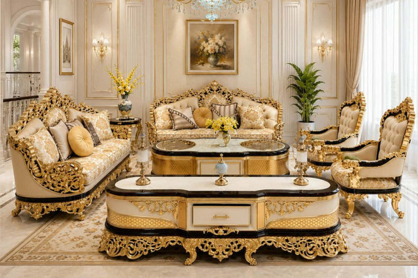 Luxury Gold & Cream Royal Living Room Furniture Set
