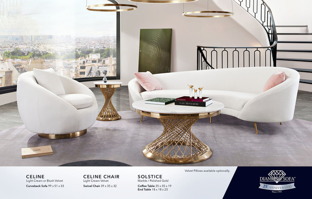 Celine Sofa in Light Cream Velvet / Brushed Gold Base, 99 x 51 x 33 Inches