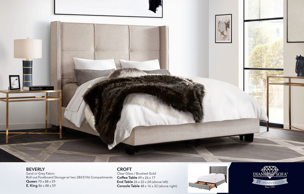 Beverly Queen Bed in Sand or Grey Fabric, 70-Inch W x 88-Inch D x 59-Inch H