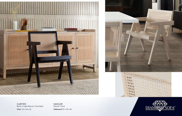 Carter Dining Chair in Natural / Cane or Black / Cane, 22 x 24 x 32 Inches