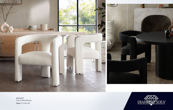 Scout Dining Chair in Ivory or Black Boucle, 27 in. W x 24 in. D x 30 in. H