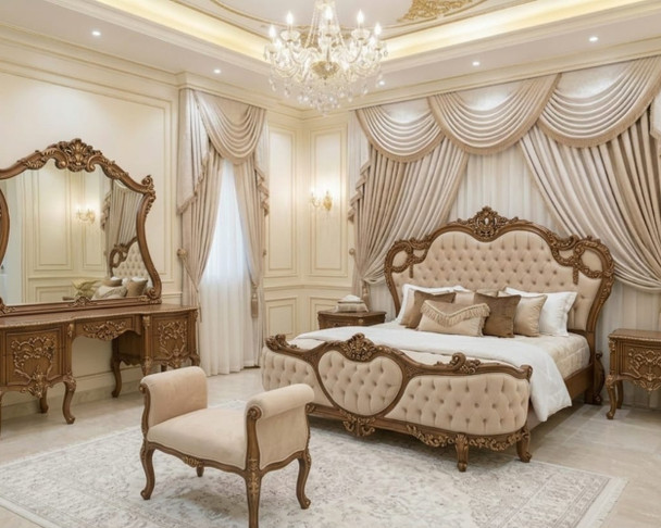 Antique Walnut Royal Bedroom Set – Baroque Hand-Carved Solid Wood Master Collection
