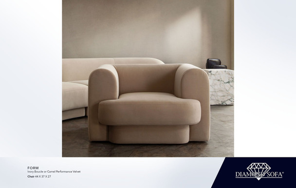Form Chair in Camel Performance Velvet or Ivory Boucle, 44 x 37 x 27 Inches