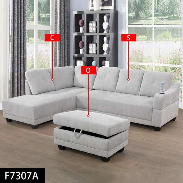 Gray White 3-Piece Flannel-Leather Sectional with Left-Facing Chaise Storage