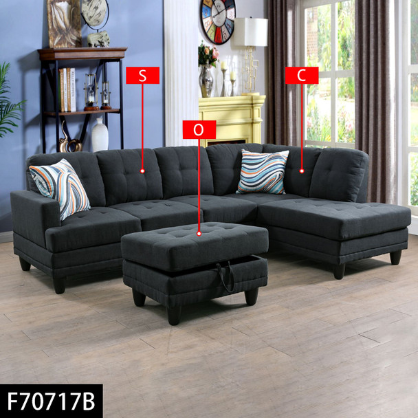 Black Gray 3-Piece Flannel Sectional Sofa with Right-Facing Chaise and Lift-Top