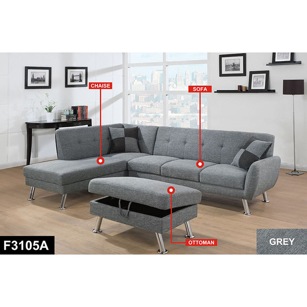 Gray 3-Piece Linen Sectional Sofa with Left-Facing Chaise and Storage Ottoman