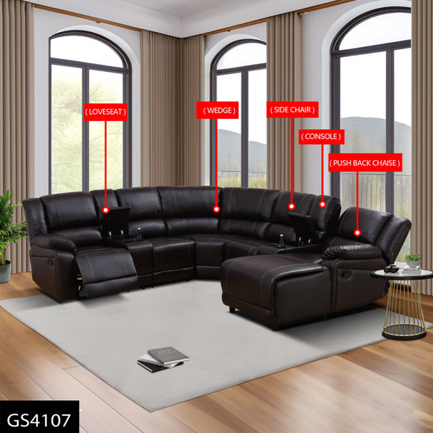 Brown 5-Piece Faux Leather Reclining Sectional with Push-Back Chaise and Center