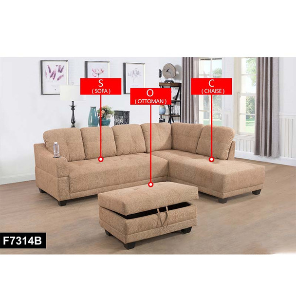 Latte 3-Piece Linen-Leather Sectional with Right-Facing Chaise Storage Ottoman