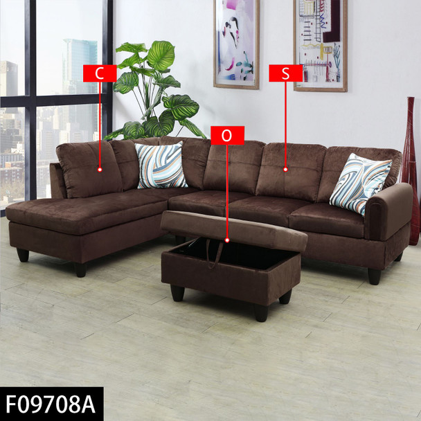 Chocolate Brown 3-Piece Flannel Upholstered Sectional Sofa with Left-Side Chaise