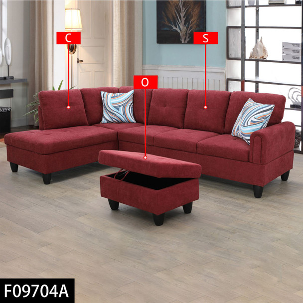 Red 3-Piece Upholstered Sectional Sofa with Opposite-Side Chaise and Storage