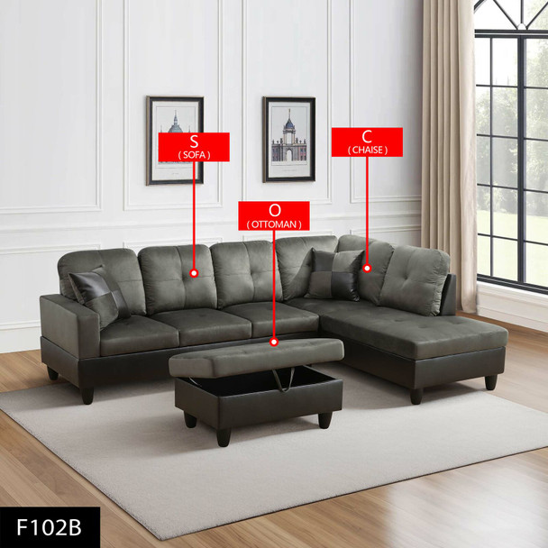 Taupe 3-Piece Flannel and PVC Sectional Sofa with Right-Facing Chaise and Seats
