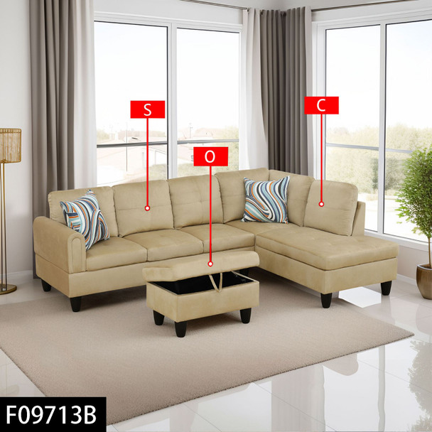 Beige 3-Piece Flannel Sectional Sofa with Right-Facing Chaise and Lift-Top