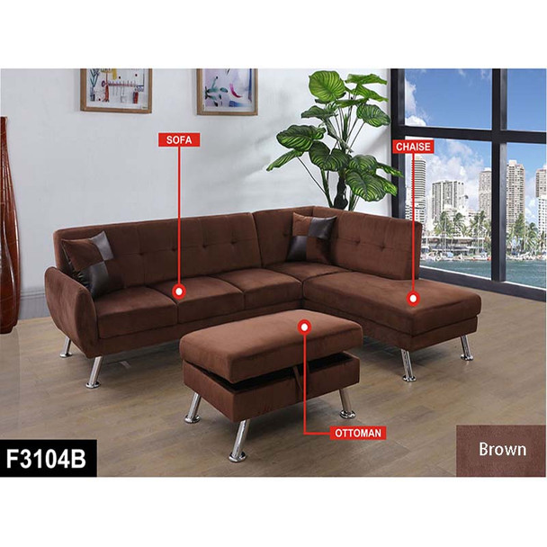 Brown 3-Piece Flannel Sectional Sofa with Right-Facing Chaise and Storage