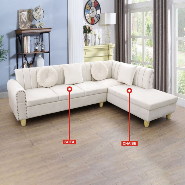 White 2-Piece Flannel Sectional Sofa with Right-Facing Chaise Channel-Tufted