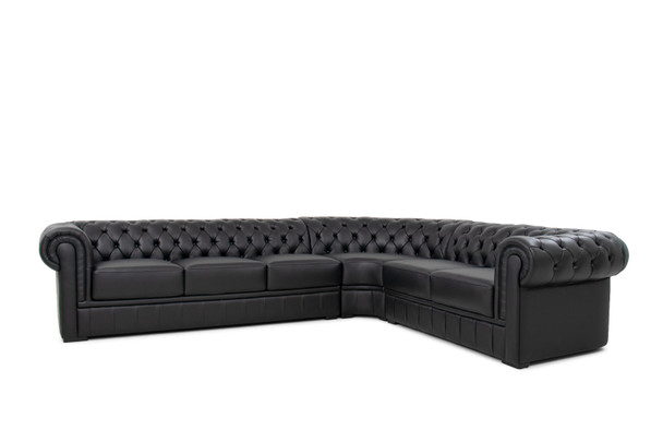Black Leather Chesterfield Corner Sectional Sofa with Right-Facing Return