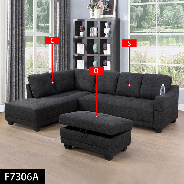 Black Gray 3-Piece Linen Sectional with Left-Facing Chaise Storage Ottoman