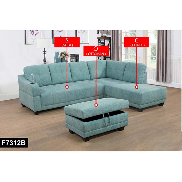 Pale Blue 3-Piece Linen-Leather Sectional with Right-Facing Chaise Storage