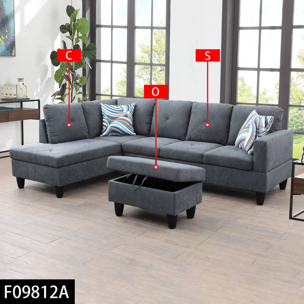 Dark Gray 3-Piece Flannelette Sectional Sofa with Left-Facing Chaise and Ottoman