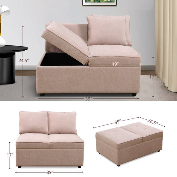 Pink Sackcloth Modular Sectional Wedge with Adjustable Backrest and Lounge Seat
