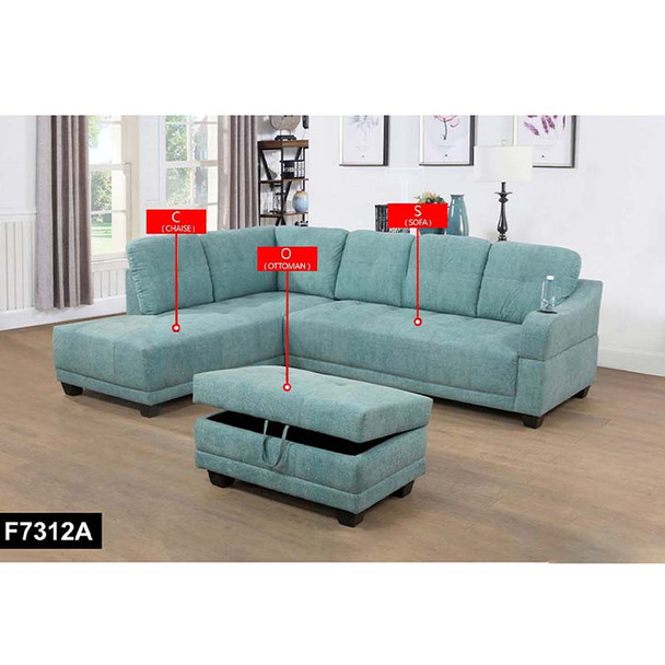 Pale Blue 3-Piece Linen-Leather Sectional with Left-Facing Chaise Storage