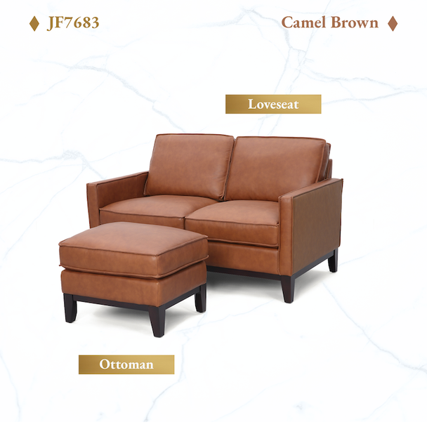 Camel Brown Top-Grain Leather Loveseat with Matching Ottoman Track Arms and Wood