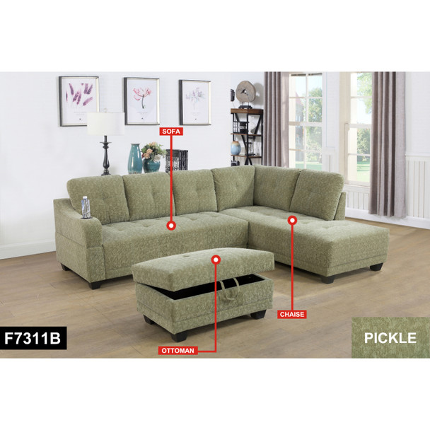Pickle Green 3-Piece Flannel-Leather Sectional with Right-Facing Chaise Storage