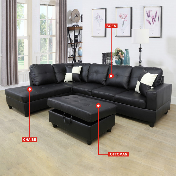 Black Faux Leather Lift-Top Storage Ottoman with Tufted Cushion and Tapered Legs