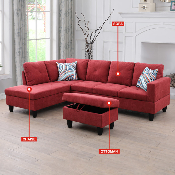 Red Flannel Lift-Top Storage Ottoman with Tufted Cushion and Tapered Legs