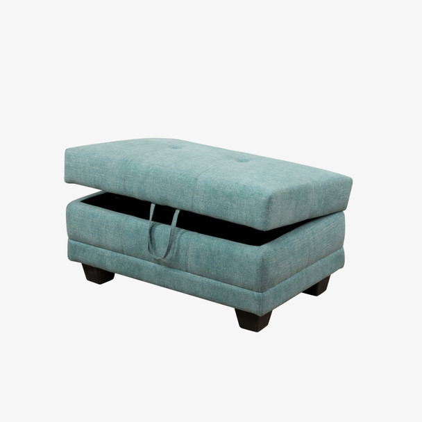 Pale Blue Linen-Leather Lift-Top Storage Ottoman with Tufted Cushion and Tapered