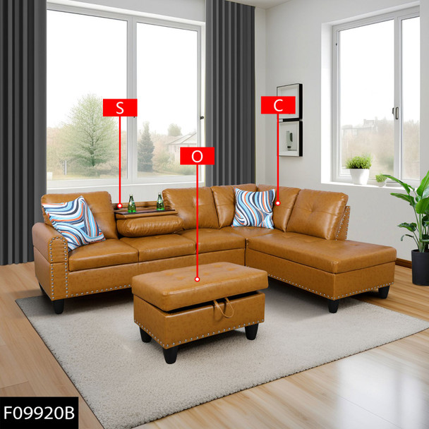 Ginger 3-Piece Semi-PU Synthetic Leather Sectional with Right-Facing Chaise