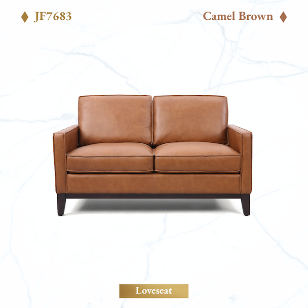 Camel Brown Top-Grain Leather Loveseat with Track Arms and Tapered Wood Legs