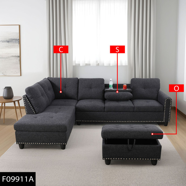 Black Gray 3-Piece Linen Sectional Sofa with Left-Facing Chaise Storage Ottoman